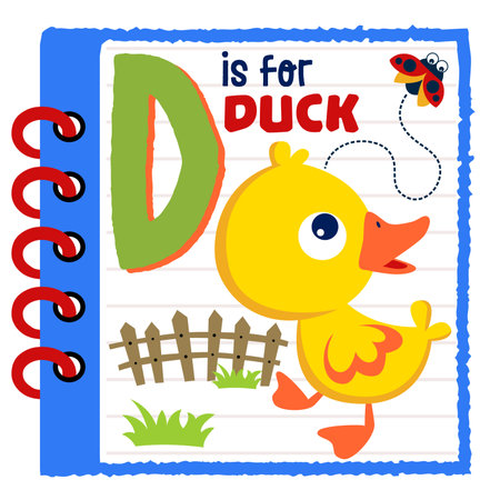 Cute duck with ladybug in notebook frame, education cartoon for kids, vector cartoon illustrationのイラスト素材