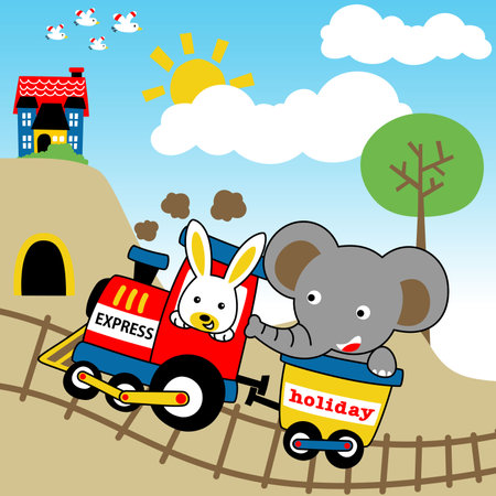 Cute rabbit and elephant on steam train, rural scenery with flying birds, vector cartoon illustrationのイラスト素材