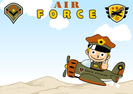 Funny boy on airplane with military logo, mountains on blue sky clouds background, vector cartoon illustrationのイラスト素材