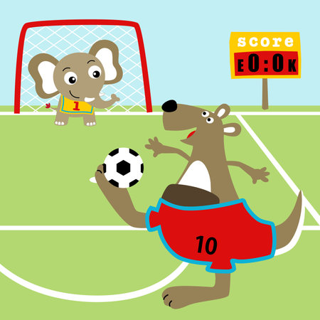 Funny kangaroo with elephant playing soccer, vector cartoon illustrationのイラスト素材