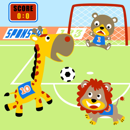 Funny animals playing soccer, vector cartoon illustrationのイラスト素材