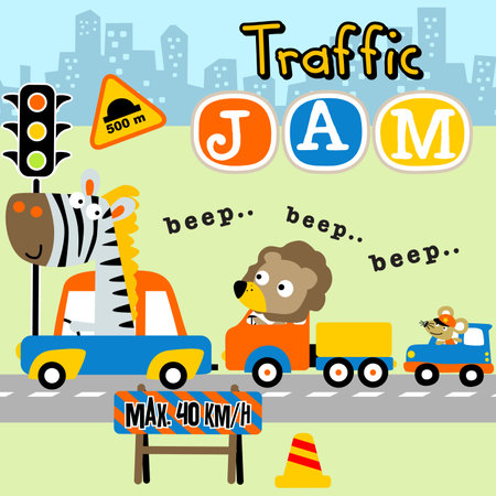 Funny animals driving car in city road, urban traffic elements, vector cartoon illustrationのイラスト素材