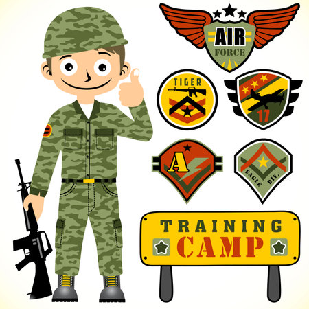 Young soldier holding weapon with set of military logo, vector cartoon illustrationのイラスト素材