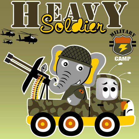 Funny elephant with gun on military truck, military elements, vector cartoon illustrationのイラスト素材