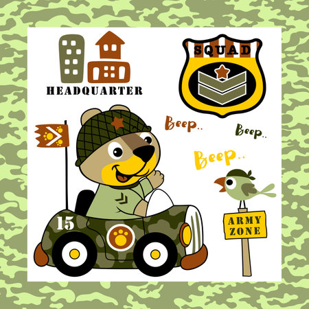 Cute cat driving military vehicle with little bird on camouflage frame border, vector cartoon illustrationのイラスト素材