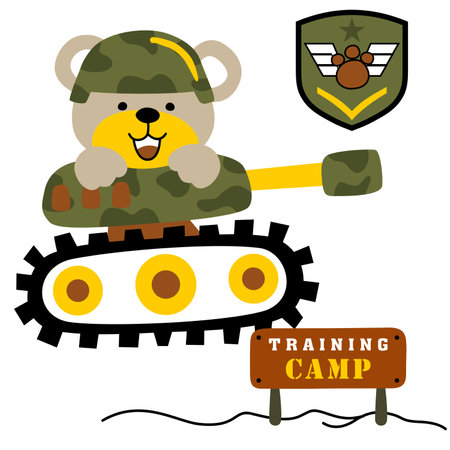 Cute bear wearing soldier helmet on armored vehicle with military elements, vector cartoon illustrationのイラスト素材