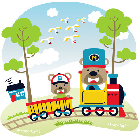 Funny bears on steam train with flock of birds flying on blue sky clouds background, rural scene, vector cartoon illustrationのイラスト素材