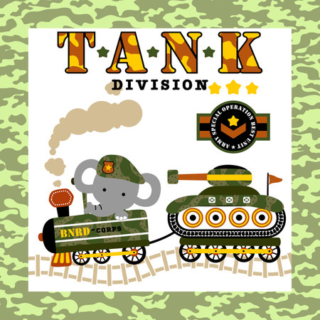 Cute elephant driving military steam train pulling tank vehicle on camouflage frame border, vector cartoon illustrationのイラスト素材