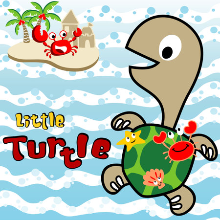 Funny turtle carrying marine animals on it back, little crab on small island, vector cartoon illustrationのイラスト素材