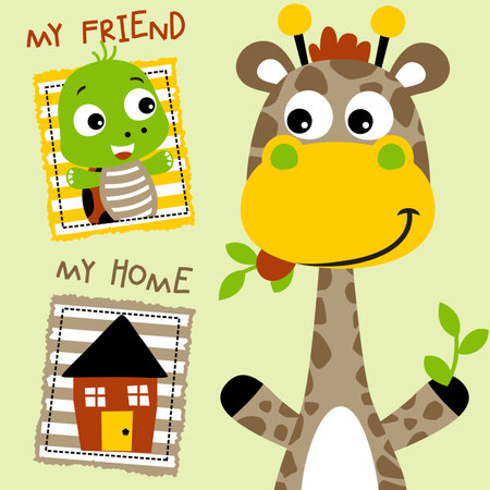 Cute giraffe eating leaf, little turtle with a house, vector cartoon illustrationのイラスト素材