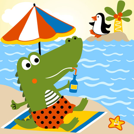 Funny crocodile vacation in the beach, little penguin in small island, vector cartoon illustrationのイラスト素材