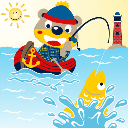 Cute bear in fishing, lighthouse in the sea, smiling sun, vector cartoon illustrationのイラスト素材