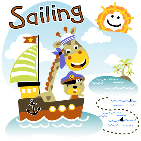 Cute giraffe and bear in sailor cap on sailboat, sailing elements, vector cartoon illustrationのイラスト素材