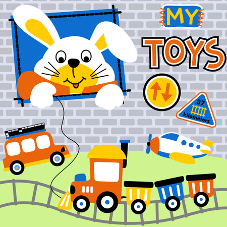 Cute rabbit with it toys, vector cartoon illustrationのイラスト素材