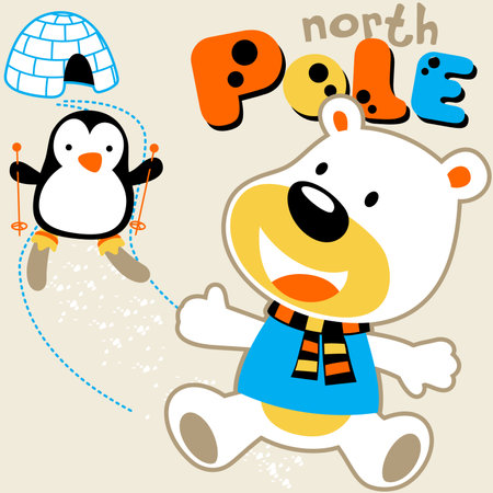 Funny polar bear, cute penguin skiing, igloo, vector cartoon illustrationのイラスト素材