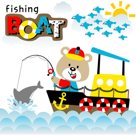 Cute bear on boat fishing in the sea, group of birds flying on clouds background, vector cartoon illustrationのイラスト素材