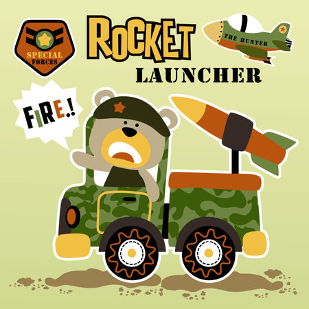 Funny bear on military truck with fighter jet, vector cartoon illustrationのイラスト素材