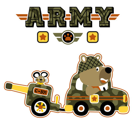 Funny bear with mice on military vehicle, military elements, vector cartoon illustrationのイラスト素材