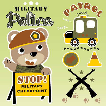 Cute bear in soldier costume with military elements, vector cartoon illustrationのイラスト素材