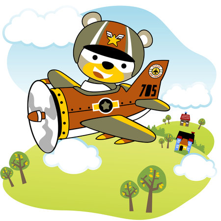 Funny bear on military airplane flying across countryside, vector cartoon illustrationのイラスト素材