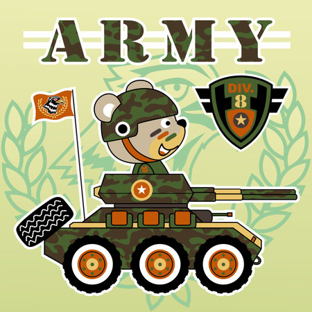 Cute bear in soldier costume driving armored vehicle, vector cartoon illustrationのイラスト素材