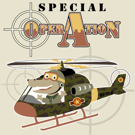Funny crocodile on military helicopter, vector cartoon illustrationのイラスト素材