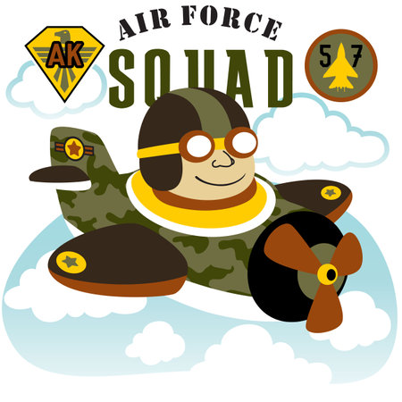 Young soldier on fighter jet with military badge, vector cartoon illustrationのイラスト素材