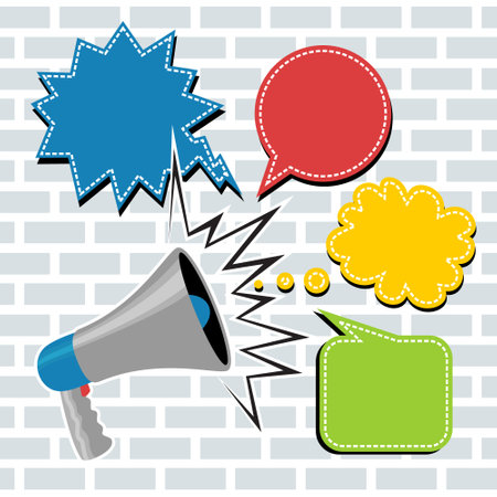megaphone with call out shapes on a bricks background, vector graphics illustrationのイラスト素材