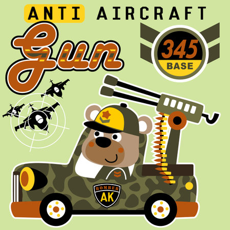 Funny bear on anti aircraft vehicle, military elements, vector cartoon illustrationのイラスト素材