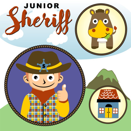 Funny young boy in sheriff costume with cute horse and home, vector cartoon illustrationのイラスト素材