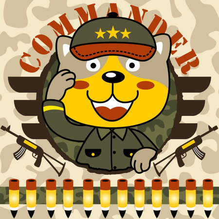 Funny cat in soldier uniform on camouflage background, vector cartoon illustrationのイラスト素材