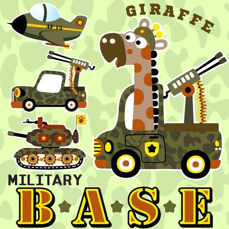Funny giraffe on military truck, military vehicles on camouflage background, vector cartoon illustrationのイラスト素材