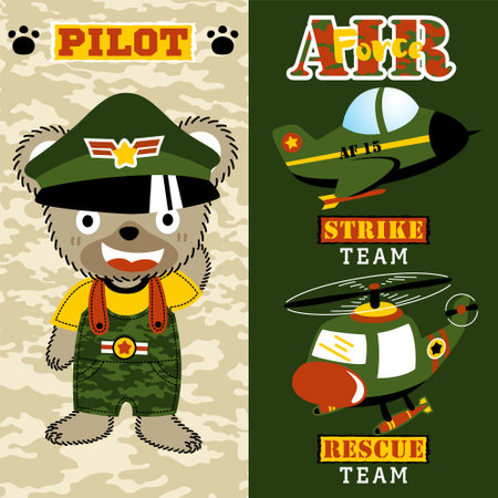 Cute bear in pilot costume with military aircraft, vector cartoon illustrationのイラスト素材