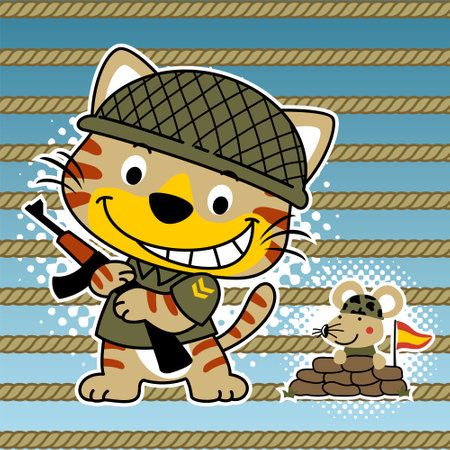 Funny cat and mouse in soldiers uniform with gun, vector cartoon illustrationのイラスト素材