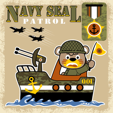 Funny bear on warship, military element, vector cartoon illustrationのイラスト素材