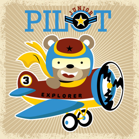 Vector cartoon illustration of funny bear pilot on vintage airplaneのイラスト素材