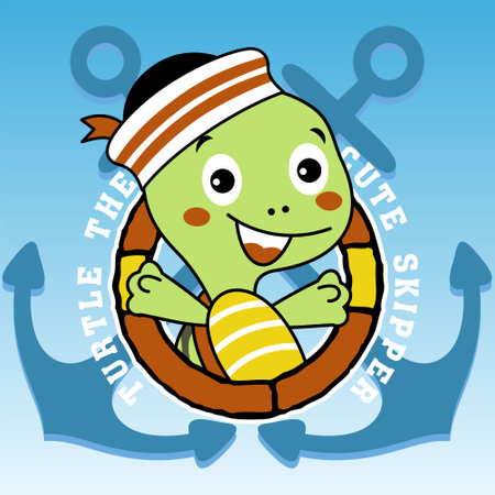 Cute turtle wearing sailor cap on anchors background, vector cartoon illustrationのイラスト素材