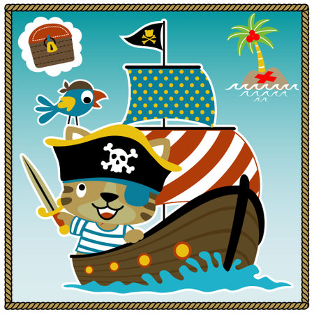 Little cat with parrot in pirate costume on sailboat, pirate elements, vector cartoon illustrationのイラスト素材