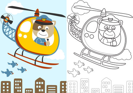 vector cartoon of funny cat on helicopter with birds, coloring book or pageのイラスト素材