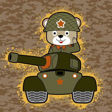 Funny bear soldier on armored vehicle, vector cartoon illustrationのイラスト素材