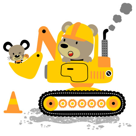 Cute bear with little mouse on construction vehicle, vector cartoon illustrationsのイラスト素材