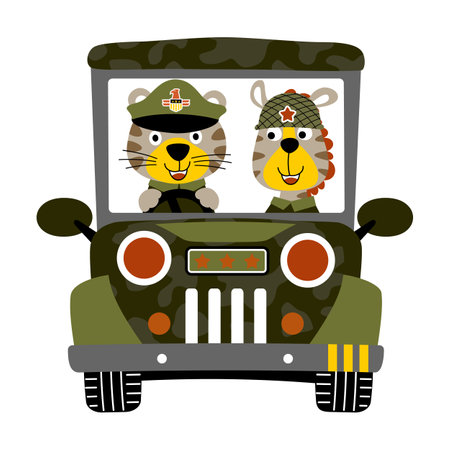 Funny tiger and zebra in soldiers costume on military vehicle, vector cartoon illustrationのイラスト素材