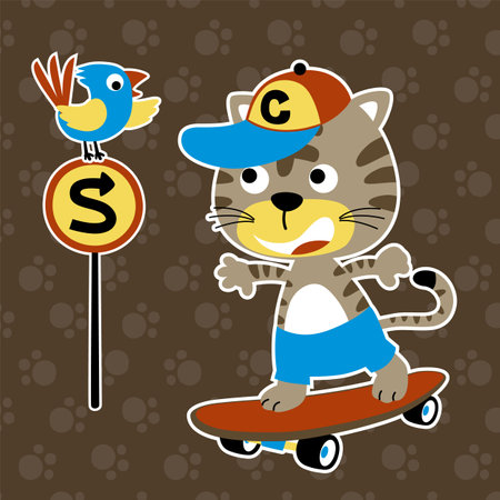 Funny kitten playing skateboard, little bird perching on road sign, vector cartoon illustrationのイラスト素材