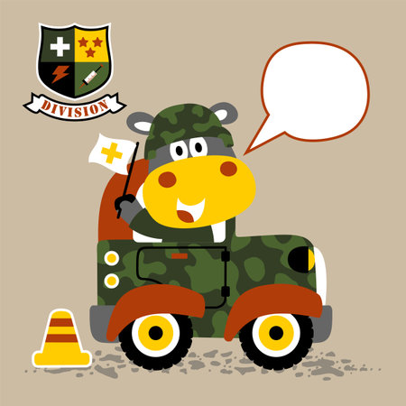 Cute hippo in soldier uniform driving military car, vector cartoon illustrationのイラスト素材