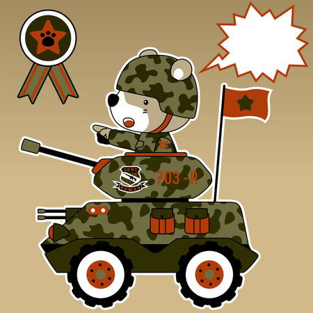 Funny bear soldier on armored vehicle, vector cartoon illustrationのイラスト素材