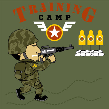 Soldier in military training camp ready to firing the target, vector cartoon illustrationのイラスト素材