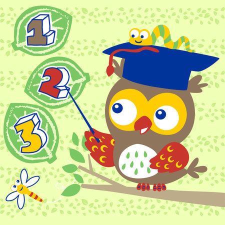 Cute owl wearing graduation hat with bugs learning mathematics, vector cartoon illustrationのイラスト素材