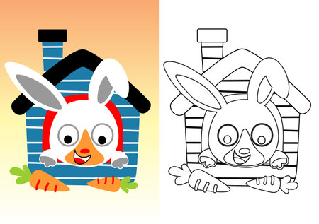 little rabbit on cage with carrot, vector cartoon illustration, coloring book or pageのイラスト素材