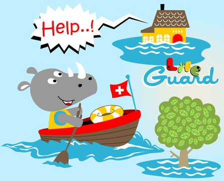 Cute rhinoceros the lifeguard on boat in rescue, vector cartoon illustrationのイラスト素材