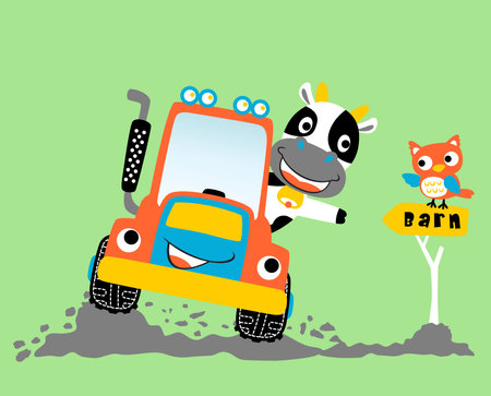 Funny cow driving tractor in farmyard with funny owl, vector cartoon illustrationのイラスト素材